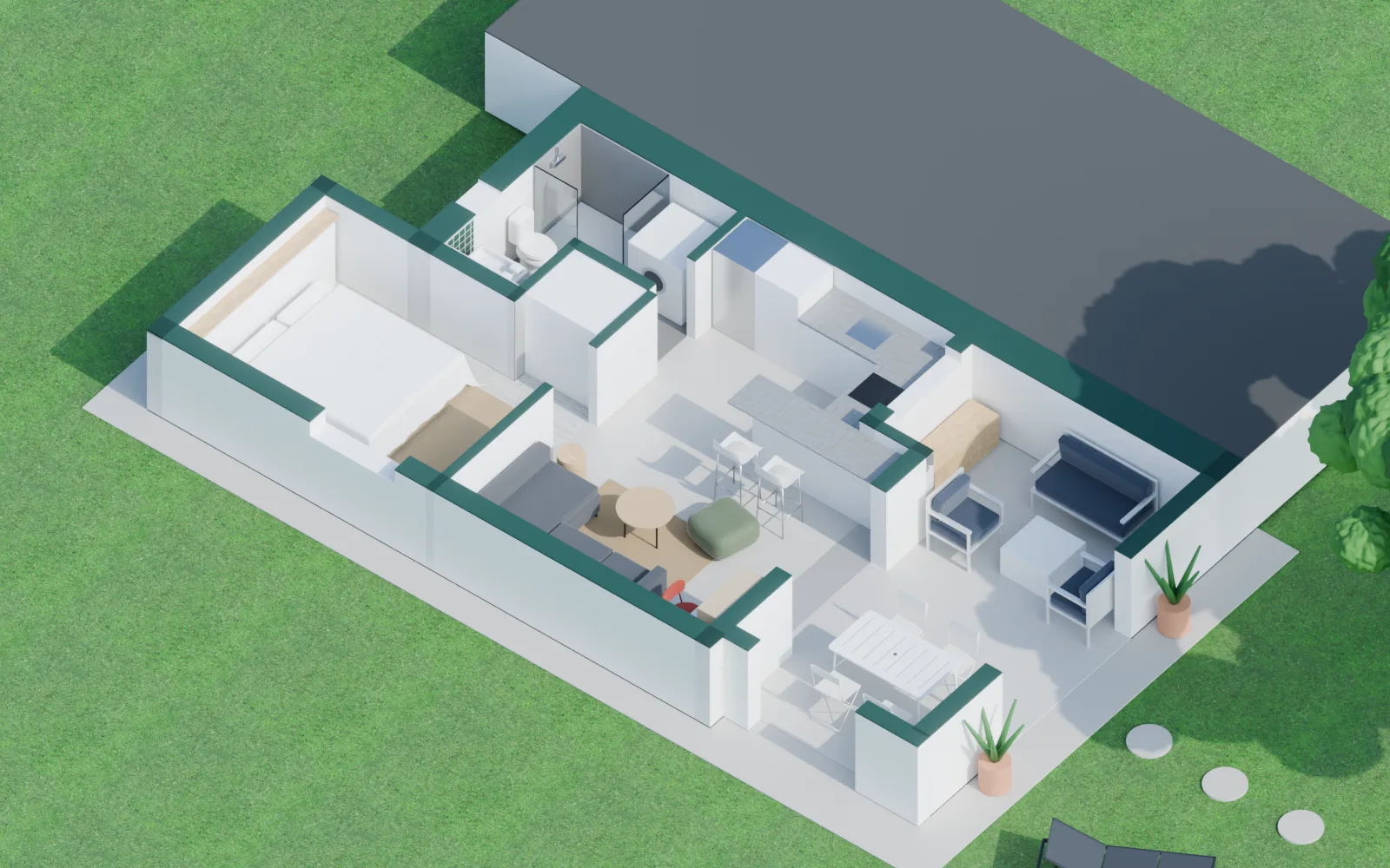 3D-model af huset set oppefra, uden tag